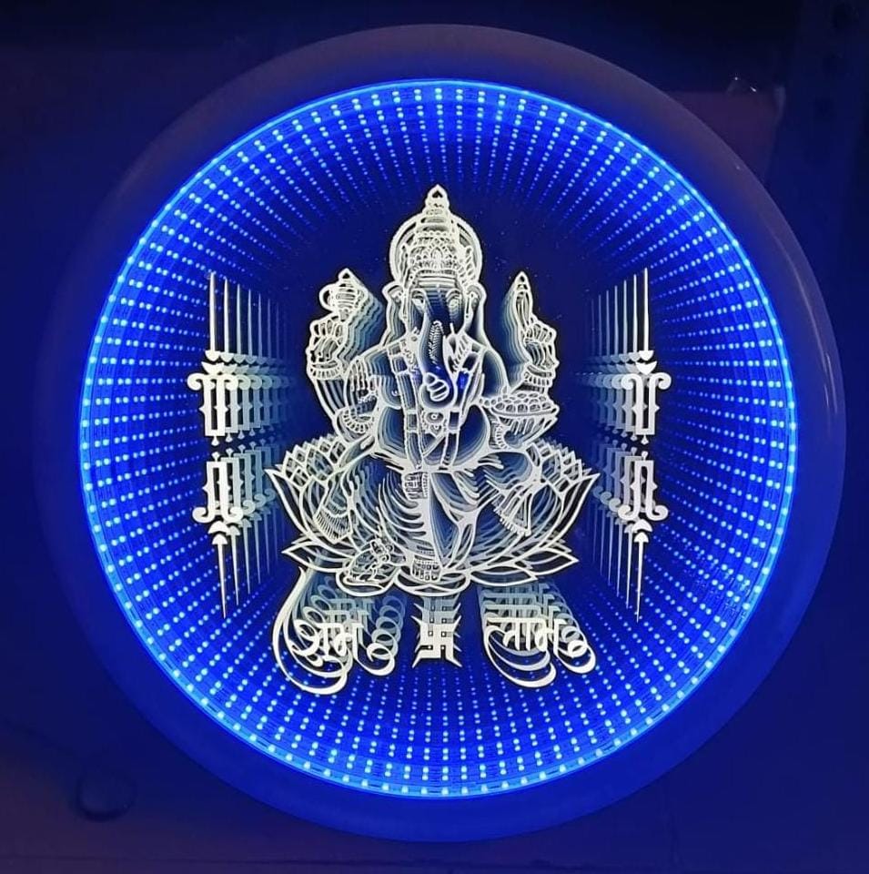 3D Ganesh Ji Magic Mirror With Infinity LED Look (Size: 30 CM)